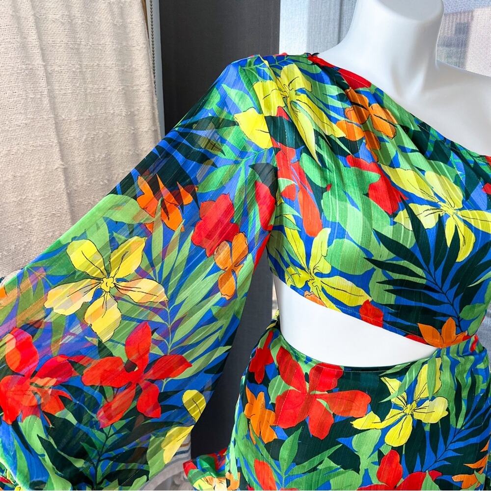 MB Finale Floral One Shoulder Long Balloon Sleeve Mini Dress Women’s Size Large - Picture 5 of 12